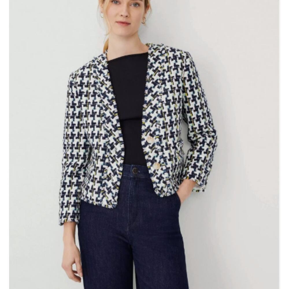 Ann Taylor Navy, White & Pink Tweed Houndstooth Blazer